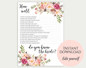How Well Do You Know The Bride, Editable Game, PDF Template, Bridal Shower Game, Floral Bridal Shower Game, Printable Game, Instant Download