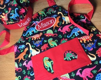 Kids Personalised Dinosaur Apron. Handmade Adult apron. Dinosaur gift, personalised pocket apron, boys apron, girls apron, kids apron, craft