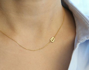 14K Real Gold Sideways Initial Necklace- Personalized Necklace - Personalized Bridesmaids Gifts - Letter Necklace Gold Jewelry