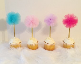 12 Pom Pom Cupcake Toppers, Tulle Cupcake Pom Pom