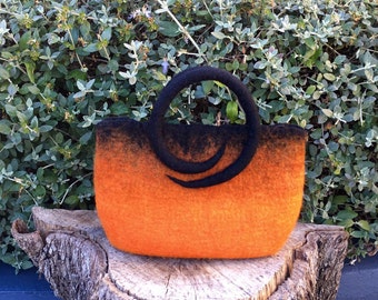 Hand felted hand bag, orange and black, merino wool