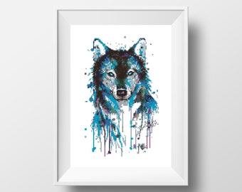 Watercolor Cross Stitch Pattern Wolf Animal Husky Printable PDF Digital Dog Embroidery Animals Geometric Modern Cute Wall art Decor