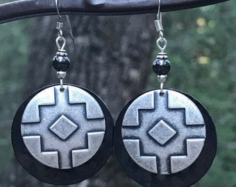 Native American earrings, native American jewelry, tribal earrings, ethnic, hammered metal, Hemetite earrings, dangle earrings