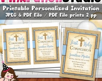 Personalized Printable First Communion Invitation Digital File PDF and JPEG Blue Gold Burlap