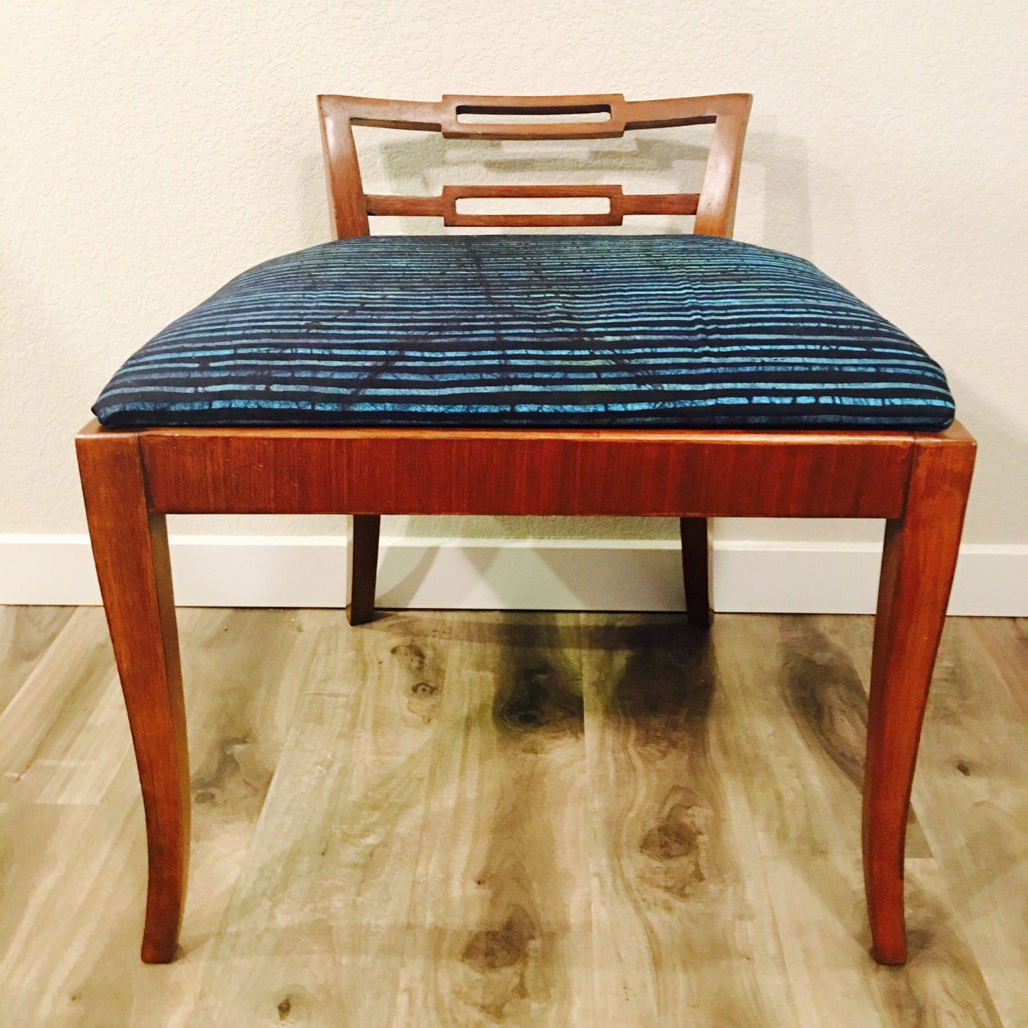 Refurbished vanity chair - wood chair - african print - blue ... Refurbished vanity chair - wood chair - african print - blue ...