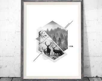 Geometric Deer Print Deer Head Poster Black Deer Wall Art Minimalist Print Geometric Printable Art Black and White Scandinavian Design