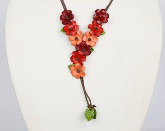 Orange Leather Flower Necklace,Green Leather Necklace, Leather Flower Necklace, Red Necklace,