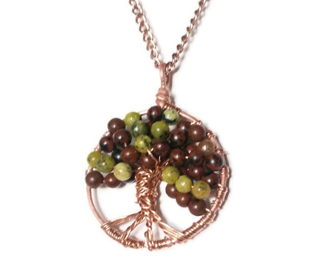 Mahogany Obsidian and Yellow Turquoise Jasper Copper Tree of Life Pendant Necklace