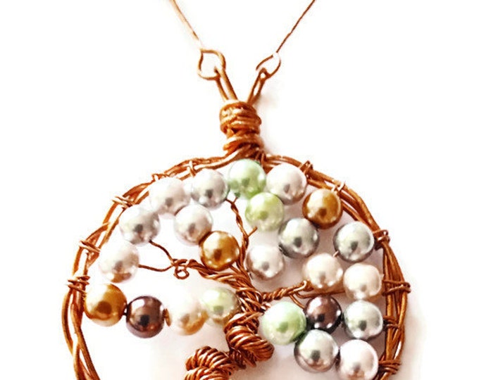 Copper and Swarovski Glass Pearl Tree of Life Pendant Necklace