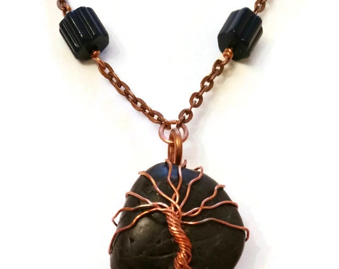 Clearance- River Rock Tree of Life Necklace, Lampwork Glass Necklace, Tree of Life Jewelry, Copper Wire Wrapped Necklace
