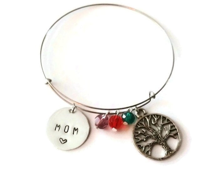 Mother's Birthstone Adjustable Charm Bracelet, Mom's Hand Stamped Tree of Life Bracelet, Birthstone Bracelet, Adjustable Bangle