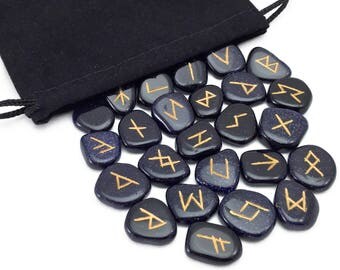 Blue Goldstone Elder Futhark Rune Set Hand Carved Gemstone Runic