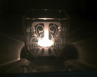 Custom/personalized etched glass votive candle holder with split monogram