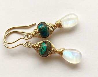 Rainbow Moonstone and Azurite Earrings, Blue Moonstone, Herringbone Woven Earrings, Wire Wrapped Silver Earrings, Elegant Boho Luxe Earrings