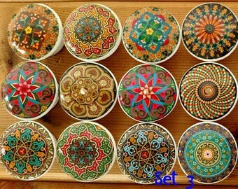 Set 12 Oriental Mandala Warm Tones Wood Knob Size 1.5 (1 1/2") Kitchen Wood Knob, Dresser Knob, Cabinet Drawer Pull, SALE Home Decor