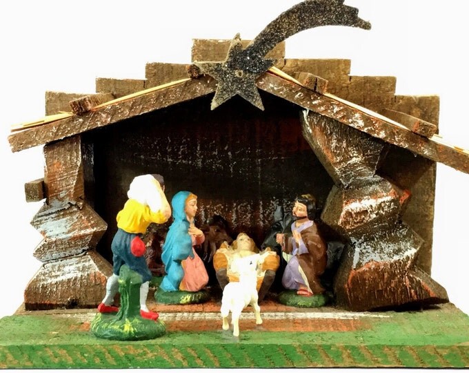 Vintage Italian Creche Paper Mache Christmas Nativity Set Wood Stable, Manger, Figures And Animals - Christmas Decor