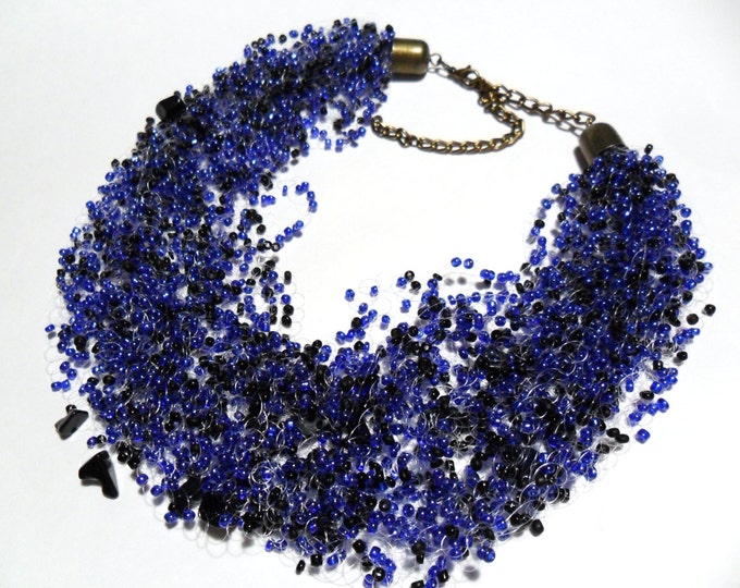 Blue aventurine multistrand statement necklace airy crochet cobweb unusual beadwork bridesmaid casual gift idea beaded romantic gemstone