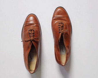 Vintage 1980s Oxford Flats | Brown Leather Shoes| Leather Flats | 6.5