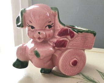 Vintage Pink and Green Ceramic Puppy with Cart Planter