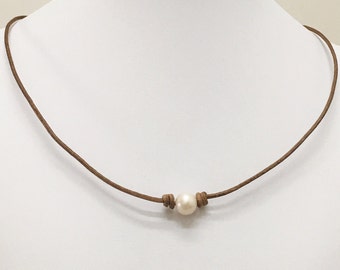 Freshwater Pearl Leather Necklace,8mm-9mm Pearl Necklace,Natural Brown Leather Pearl Necklace,Gift for Her