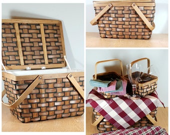 PICNIC BASKET Set Tailgate Retro Picnic Hamper with Accessories Cute Vintage Basket w Picnic Tablecloth & Napkins Glasses