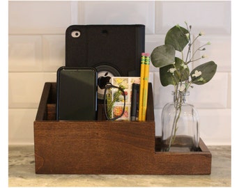 Boardwalk Warm Brown Charging Station Wood Docking Station Desk Organizer Countertop Nightstand Organizer Valet Charger