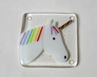 Unicorn coaster, fused glass coaster, fused glass unicorn, gift for her, stained glass art, home decor, rainbow unicorn decoration