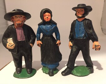 Vintage Cast Iron Folk Art Amish Pennsylvania Dutch Collectibles Figurines/Set of 3