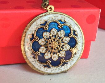Blue photo locket, brass locket, resin filigree locket, anniversary gift, push present, birthday present, mother's day present