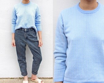 Baby Blue Knitted Crewneck Sweater Green Speckles