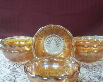 Vintage marigold diamond point, carnival glass dessert bowls, cups. Set of 6