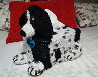 Custom made Dog Crochet Tissue Box Cover with or without heart motif. Made to match a photo of your Puppy Dog