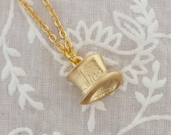 Mad Hatter's tea party charm necklace, Alice in Wonderland, Hat, gold plated