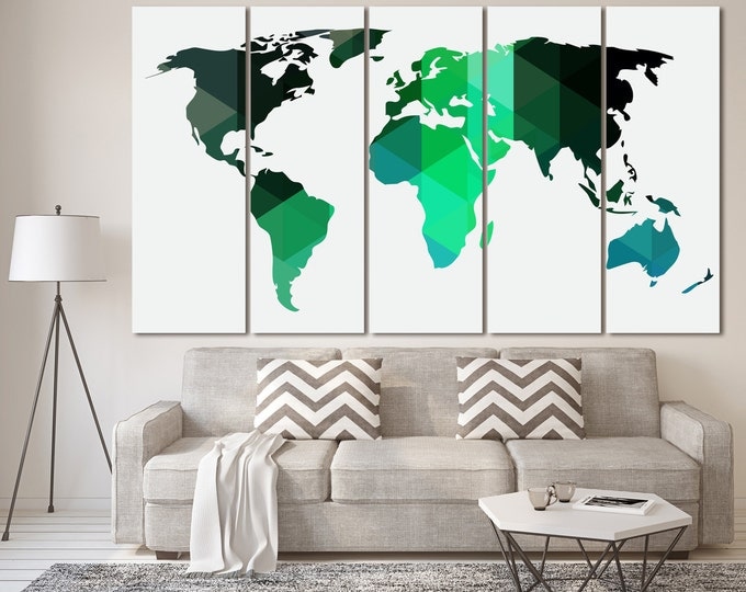 Large Green Geometric World Map Canvas Print, Modern world map 3, 5 Panels abstract green and black world map Canvas Wall Art black map