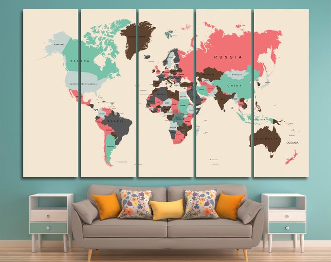 Large Colorful Travel Push Pin World Map Poster, Push pin map art / 1,2,3,4 or 5 Panels on Canvas Wall Art for Home & Office Decoration