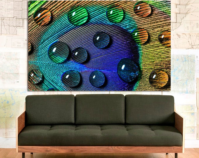Large blue green yellow modern water drop photo peacock feather abstract wall art canvas print set of 3 or 5 panels, peacock fine art prints