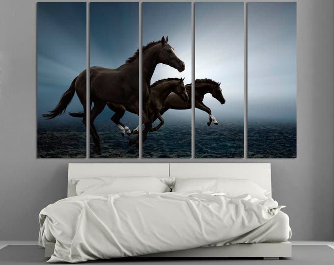 Large three running horses fine art photography wall decor canvas print set of 3 or 5 panels, horse wall art nature poster canvas home decor