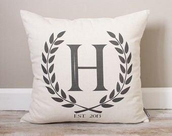 Laurel Wreath Custom Pillow | Bridal Shower Gift | Initial with Established Date | Wedding Gift for Couple | Couples Gift | Monogram Pillow