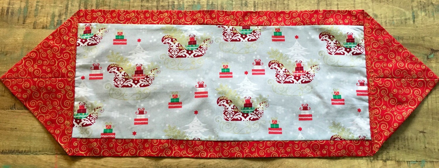 Christmas Trees And Santa s Silver & Gold Sleigh Table Runner Handmade