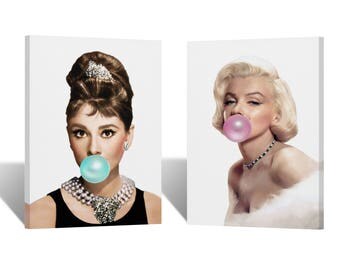 Audrey Hepburn and Marilyn Monroe Chewing Gum Canvas Print TWO-PIECE SET/ Home Decor /Icon Wall Art/Gallery Wrapped Canvas Art/Ready to Hang
