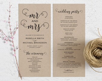 Rustic Wedding Program Template, Wedding Ceremony Program, Printable Programs, Kraft Wedding Program, fan, PDF Instant Download, WPC_252