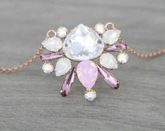 Rose Gold necklace, Swarovski necklace, Crystal necklace, Bridal necklace, Bridal jewelry, Blush crystal, Pink opal necklace, White opal