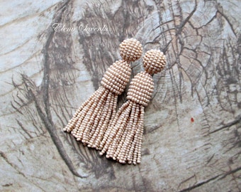 Short-tassel /handmade clip on earrings/ beading dangle/Beige color beaded tassel/oscar de la renta.Earrings with sterling SILVER stud