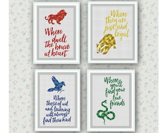 Set of 4 Quotes,Hogwarts Houses Cross Stitch Pattern,Harry Potter cross stitch,Gryffindor,Hufflepuff,Ravenclaw,Slytherin ,Logo, PDF Download