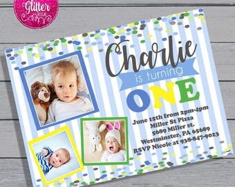 First Birthday Invite, First Birthday Invitation, Boy First Birthday Invitation, First Birthday Invite with Pictures, First Birthday Boy