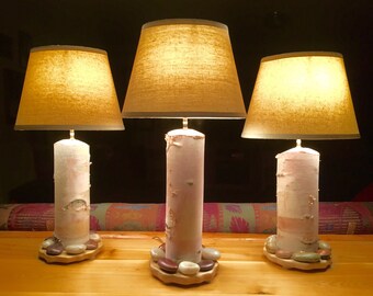 Rustic white birch lamp with base and beach stones