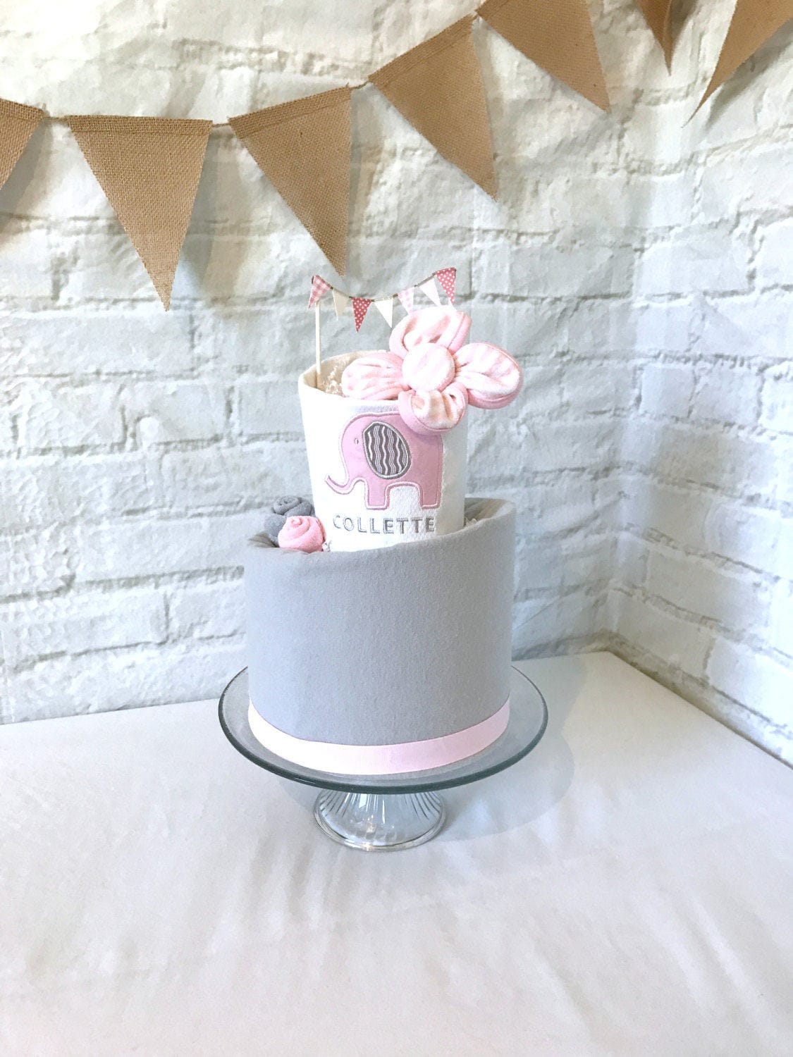 Pink Elephant Diaper Cake Pink and Gray Elephant Baby Shower Centerpiece Personalized baby gift Girl Diaper Cake Monogrammed baby gift
