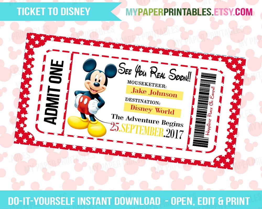 printable ticket to disney diy personalize instant download