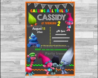 Trolls Invitation, Trolls Chalkboard Invitation, Trolls party Invitation Digital file