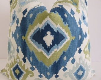 Decorative Pillow Cover, Ikat Blue Cream Pillow Cover, Ikat Blue Pillow, Blue Green Pillow Cover, Pillow Cover, Cream Pillow